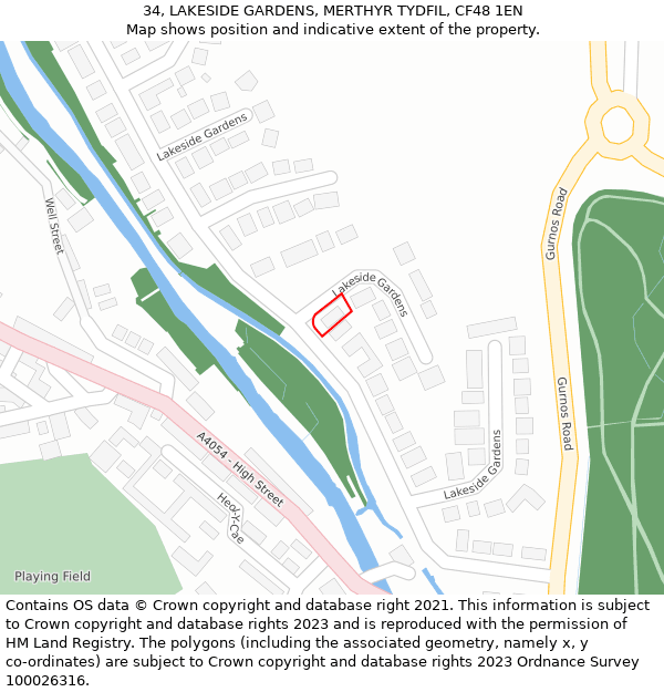 34, LAKESIDE GARDENS, MERTHYR TYDFIL, CF48 1EN: Location map and indicative extent of plot