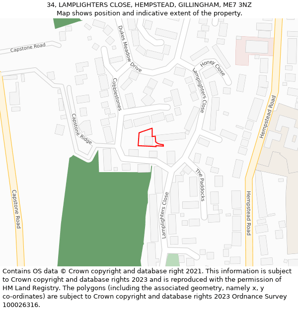 34, LAMPLIGHTERS CLOSE, HEMPSTEAD, GILLINGHAM, ME7 3NZ: Location map and indicative extent of plot