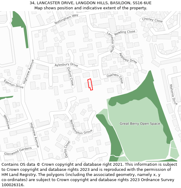 34, LANCASTER DRIVE, LANGDON HILLS, BASILDON, SS16 6UE: Location map and indicative extent of plot
