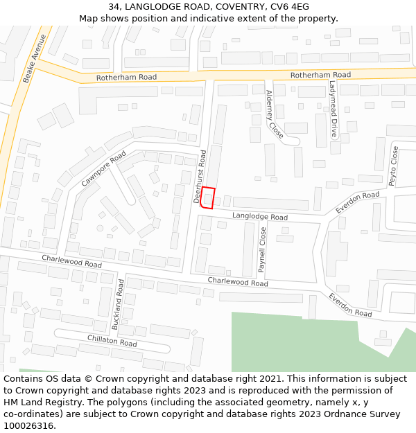 34, LANGLODGE ROAD, COVENTRY, CV6 4EG: Location map and indicative extent of plot