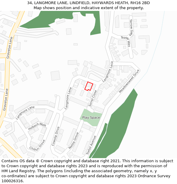 34, LANGMORE LANE, LINDFIELD, HAYWARDS HEATH, RH16 2BD: Location map and indicative extent of plot