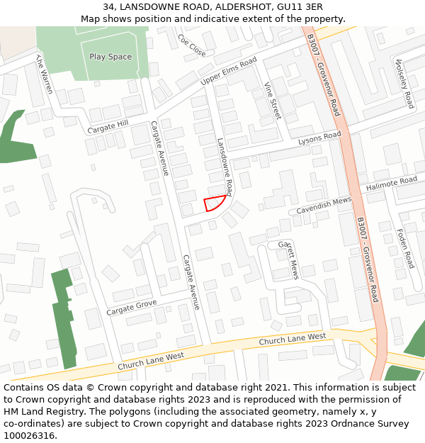34, LANSDOWNE ROAD, ALDERSHOT, GU11 3ER: Location map and indicative extent of plot