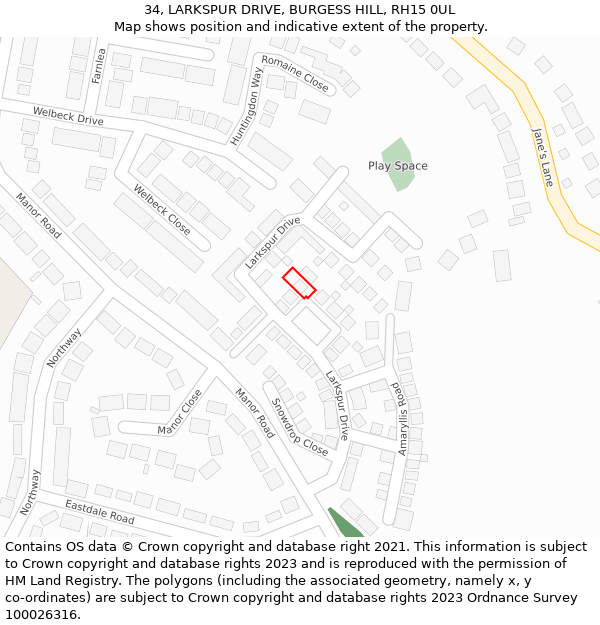 34, LARKSPUR DRIVE, BURGESS HILL, RH15 0UL: Location map and indicative extent of plot