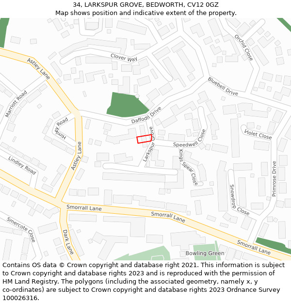 34, LARKSPUR GROVE, BEDWORTH, CV12 0GZ: Location map and indicative extent of plot