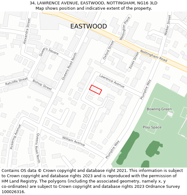 34, LAWRENCE AVENUE, EASTWOOD, NOTTINGHAM, NG16 3LD: Location map and indicative extent of plot