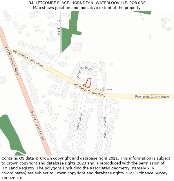 34, LETCOMBE PLACE, HORNDEAN, WATERLOOVILLE, PO8 0DE: Location map and indicative extent of plot