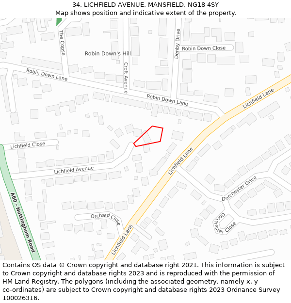 34, LICHFIELD AVENUE, MANSFIELD, NG18 4SY: Location map and indicative extent of plot