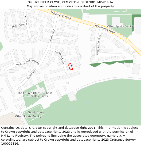 34, LICHFIELD CLOSE, KEMPSTON, BEDFORD, MK42 8UA: Location map and indicative extent of plot