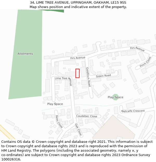 34, LIME TREE AVENUE, UPPINGHAM, OAKHAM, LE15 9SS: Location map and indicative extent of plot