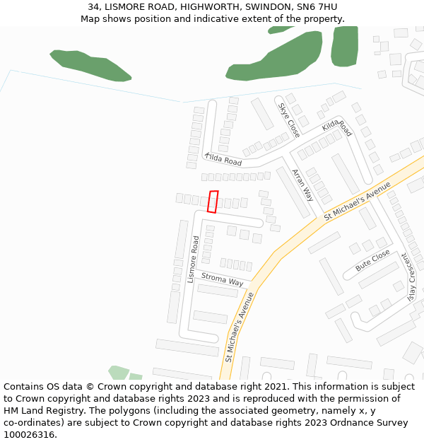 34, LISMORE ROAD, HIGHWORTH, SWINDON, SN6 7HU: Location map and indicative extent of plot