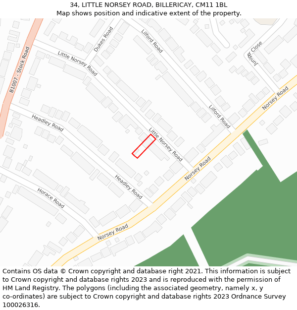 34, LITTLE NORSEY ROAD, BILLERICAY, CM11 1BL: Location map and indicative extent of plot