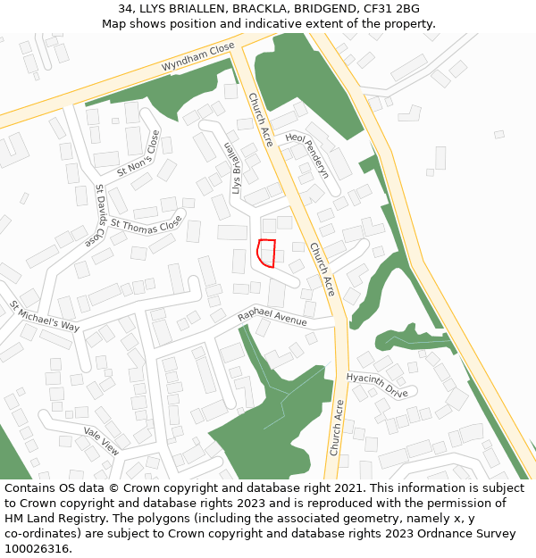 34, LLYS BRIALLEN, BRACKLA, BRIDGEND, CF31 2BG: Location map and indicative extent of plot