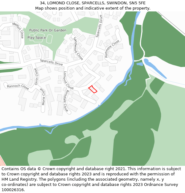 34, LOMOND CLOSE, SPARCELLS, SWINDON, SN5 5FE: Location map and indicative extent of plot