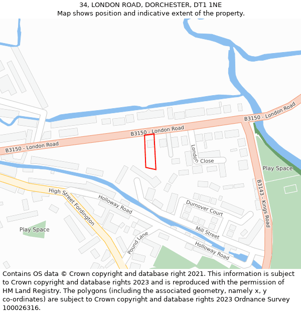 34, LONDON ROAD, DORCHESTER, DT1 1NE: Location map and indicative extent of plot