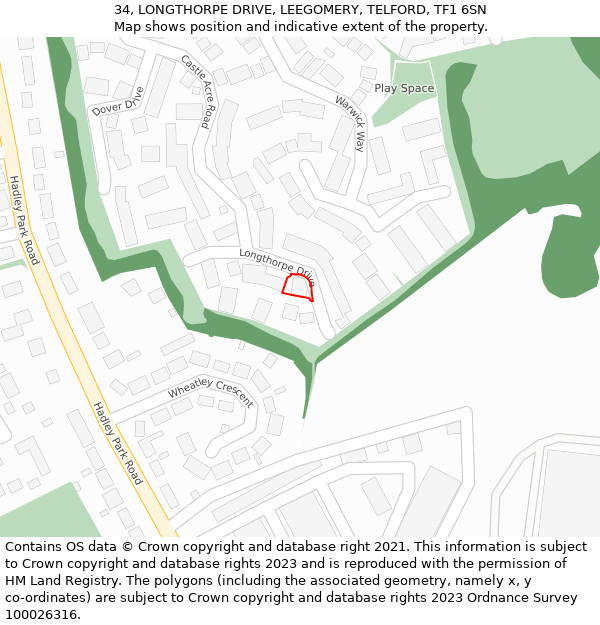 34, LONGTHORPE DRIVE, LEEGOMERY, TELFORD, TF1 6SN: Location map and indicative extent of plot