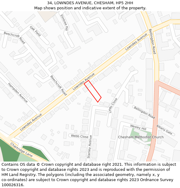 34, LOWNDES AVENUE, CHESHAM, HP5 2HH: Location map and indicative extent of plot