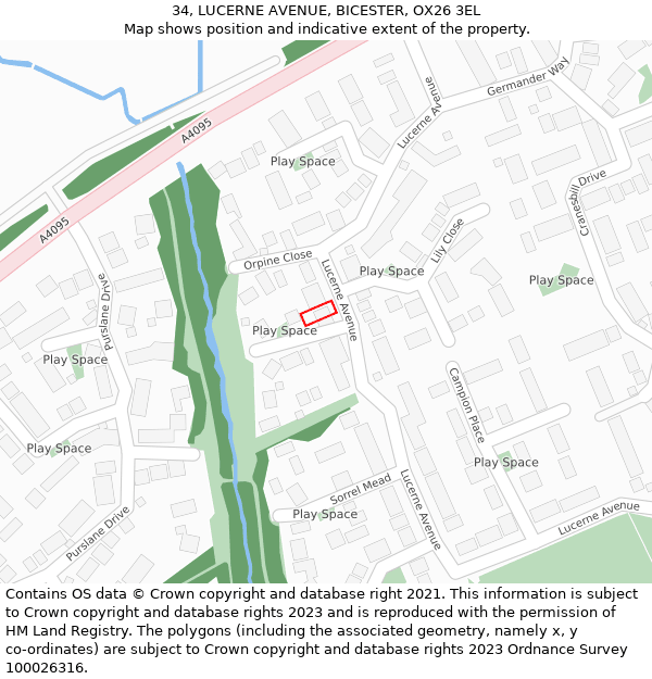 34, LUCERNE AVENUE, BICESTER, OX26 3EL: Location map and indicative extent of plot