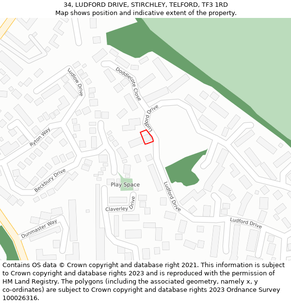 34, LUDFORD DRIVE, STIRCHLEY, TELFORD, TF3 1RD: Location map and indicative extent of plot