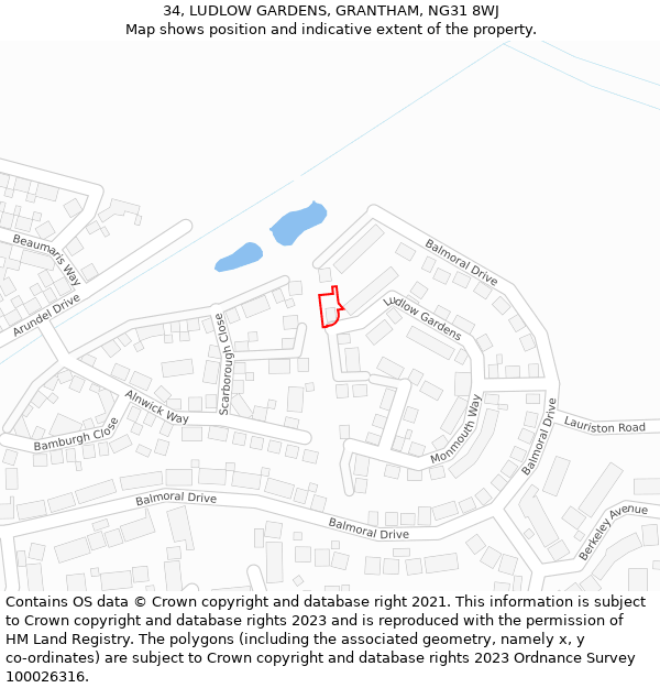 34, LUDLOW GARDENS, GRANTHAM, NG31 8WJ: Location map and indicative extent of plot