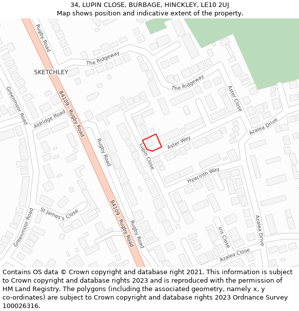 34, LUPIN CLOSE, BURBAGE, HINCKLEY, LE10 2UJ: Location map and indicative extent of plot