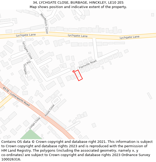 34, LYCHGATE CLOSE, BURBAGE, HINCKLEY, LE10 2ES: Location map and indicative extent of plot