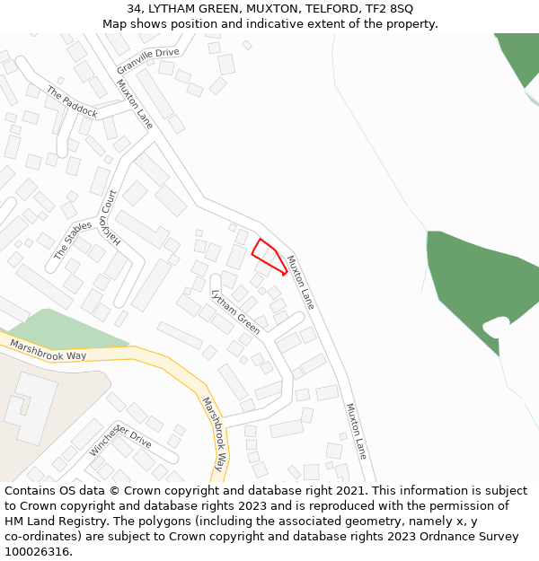 34, LYTHAM GREEN, MUXTON, TELFORD, TF2 8SQ: Location map and indicative extent of plot