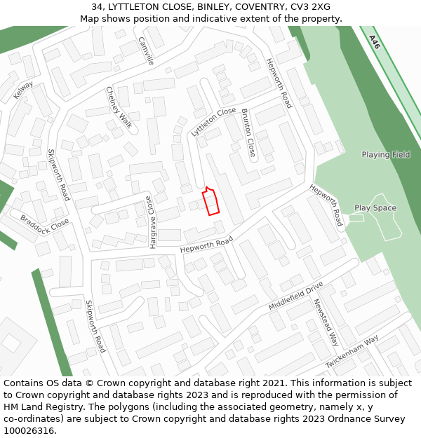 34, LYTTLETON CLOSE, BINLEY, COVENTRY, CV3 2XG: Location map and indicative extent of plot