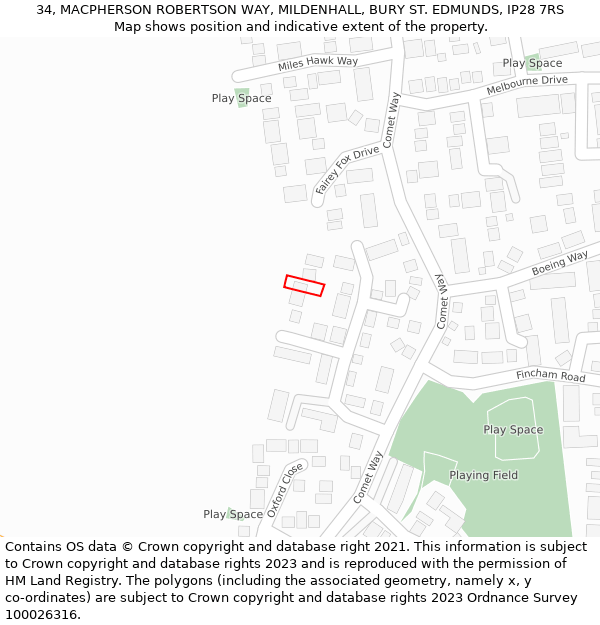 34, MACPHERSON ROBERTSON WAY, MILDENHALL, BURY ST. EDMUNDS, IP28 7RS: Location map and indicative extent of plot