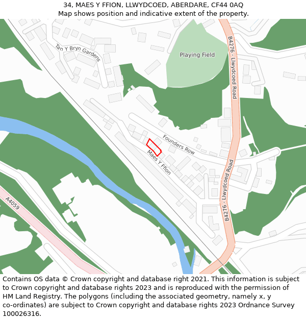 34, MAES Y FFION, LLWYDCOED, ABERDARE, CF44 0AQ: Location map and indicative extent of plot