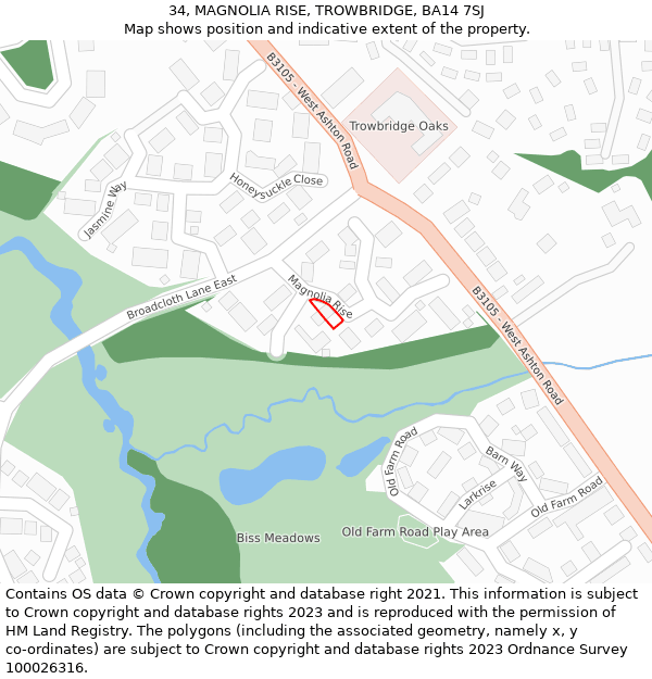 34, MAGNOLIA RISE, TROWBRIDGE, BA14 7SJ: Location map and indicative extent of plot