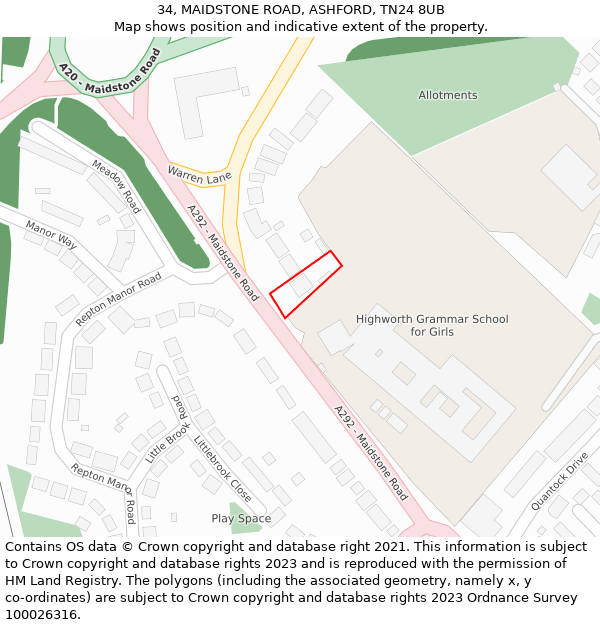 34, MAIDSTONE ROAD, ASHFORD, TN24 8UB: Location map and indicative extent of plot