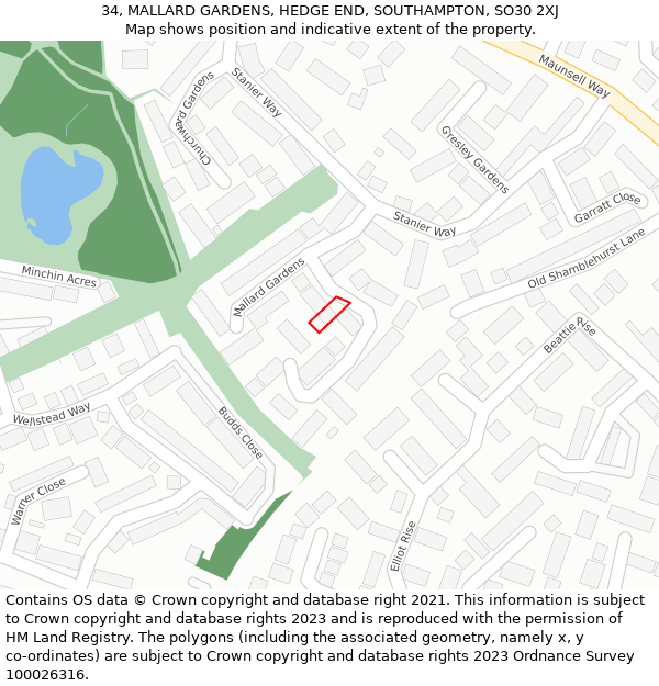 34, MALLARD GARDENS, HEDGE END, SOUTHAMPTON, SO30 2XJ: Location map and indicative extent of plot