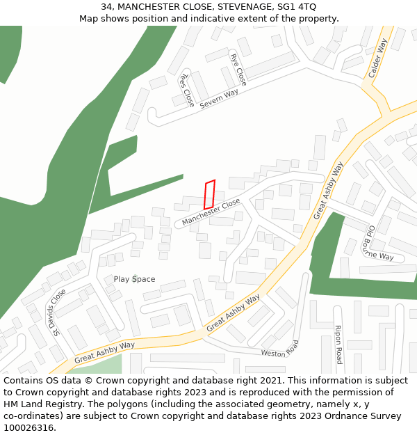 34, MANCHESTER CLOSE, STEVENAGE, SG1 4TQ: Location map and indicative extent of plot