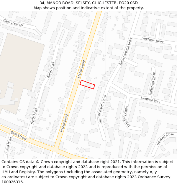 34, MANOR ROAD, SELSEY, CHICHESTER, PO20 0SD: Location map and indicative extent of plot