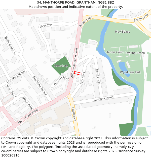 34, MANTHORPE ROAD, GRANTHAM, NG31 8BZ: Location map and indicative extent of plot