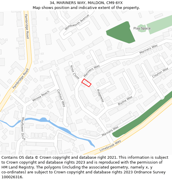 34, MARINERS WAY, MALDON, CM9 6YX: Location map and indicative extent of plot