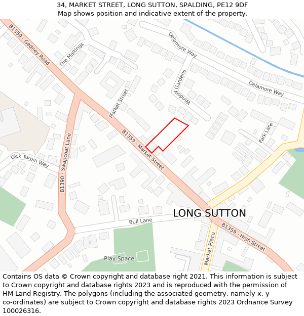 34, MARKET STREET, LONG SUTTON, SPALDING, PE12 9DF: Location map and indicative extent of plot