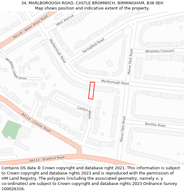 34, MARLBOROUGH ROAD, CASTLE BROMWICH, BIRMINGHAM, B36 0EH: Location map and indicative extent of plot