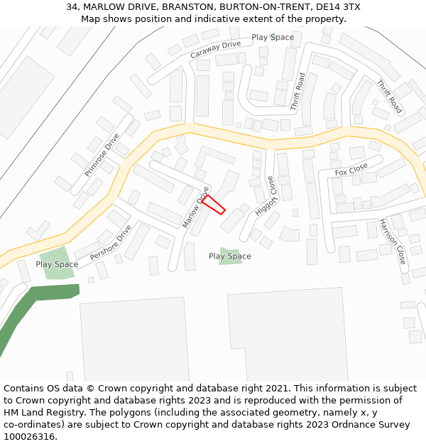 34, MARLOW DRIVE, BRANSTON, BURTON-ON-TRENT, DE14 3TX: Location map and indicative extent of plot