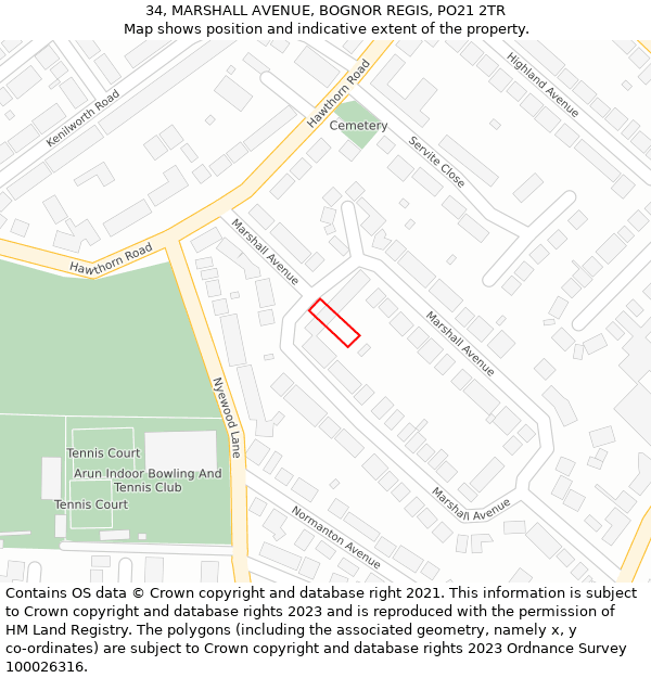 34, MARSHALL AVENUE, BOGNOR REGIS, PO21 2TR: Location map and indicative extent of plot