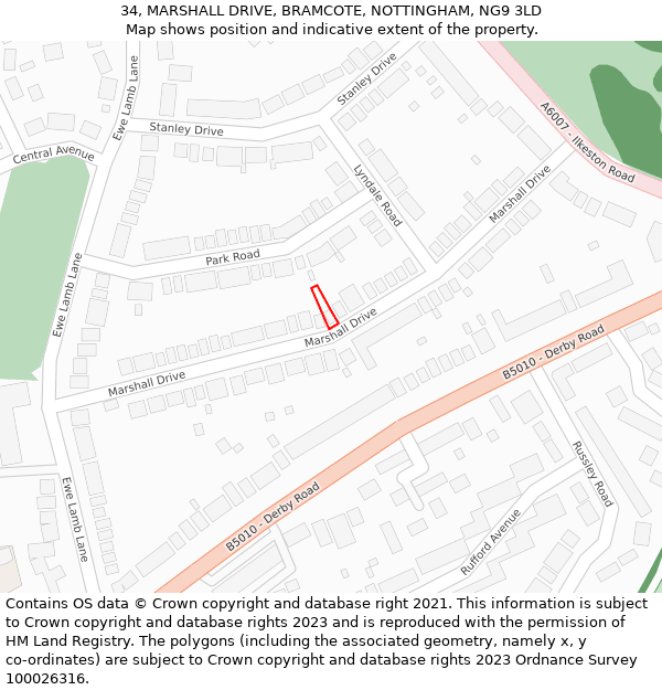 34, MARSHALL DRIVE, BRAMCOTE, NOTTINGHAM, NG9 3LD: Location map and indicative extent of plot