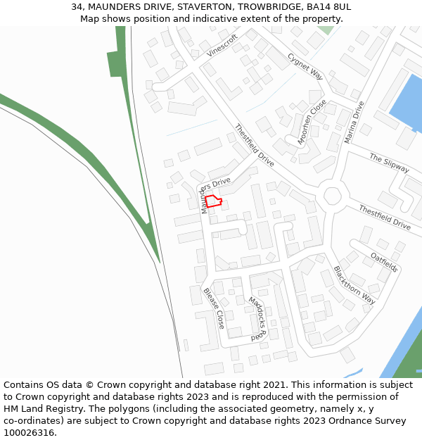 34, MAUNDERS DRIVE, STAVERTON, TROWBRIDGE, BA14 8UL: Location map and indicative extent of plot