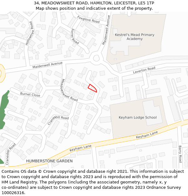 34, MEADOWSWEET ROAD, HAMILTON, LEICESTER, LE5 1TP: Location map and indicative extent of plot