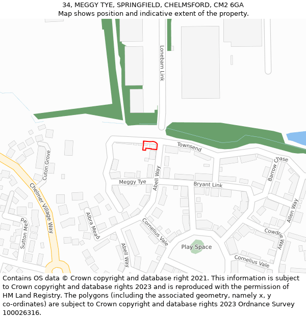 34, MEGGY TYE, SPRINGFIELD, CHELMSFORD, CM2 6GA: Location map and indicative extent of plot