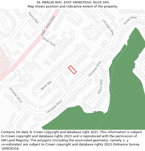 34, MERLIN WAY, EAST GRINSTEAD, RH19 3XG: Location map and indicative extent of plot