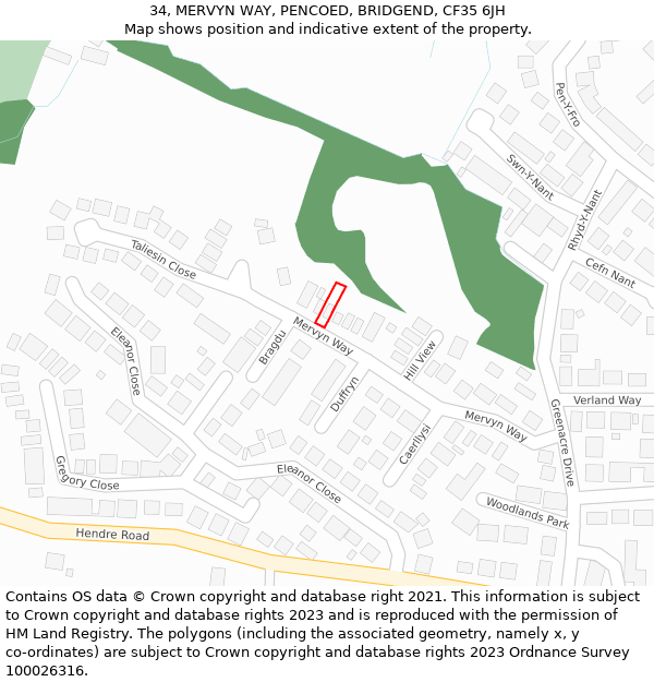 34, MERVYN WAY, PENCOED, BRIDGEND, CF35 6JH: Location map and indicative extent of plot