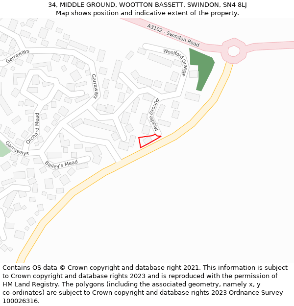 34, MIDDLE GROUND, WOOTTON BASSETT, SWINDON, SN4 8LJ: Location map and indicative extent of plot