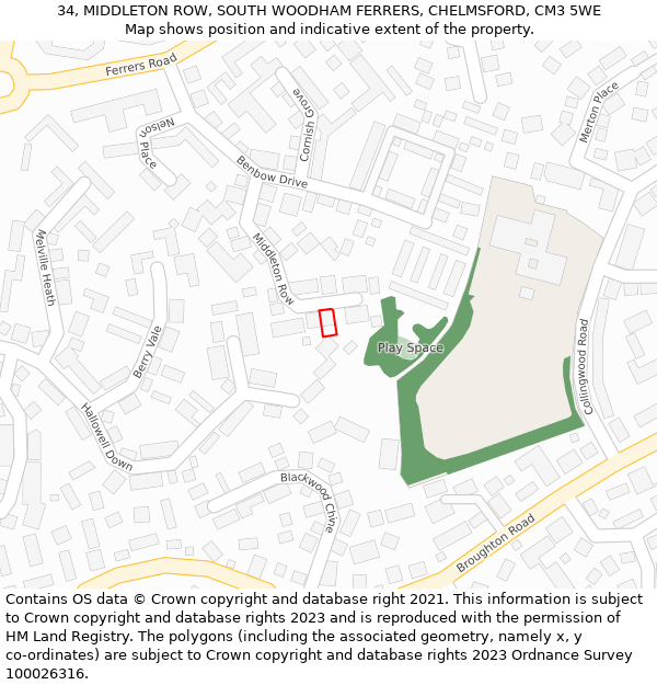 34, MIDDLETON ROW, SOUTH WOODHAM FERRERS, CHELMSFORD, CM3 5WE: Location map and indicative extent of plot