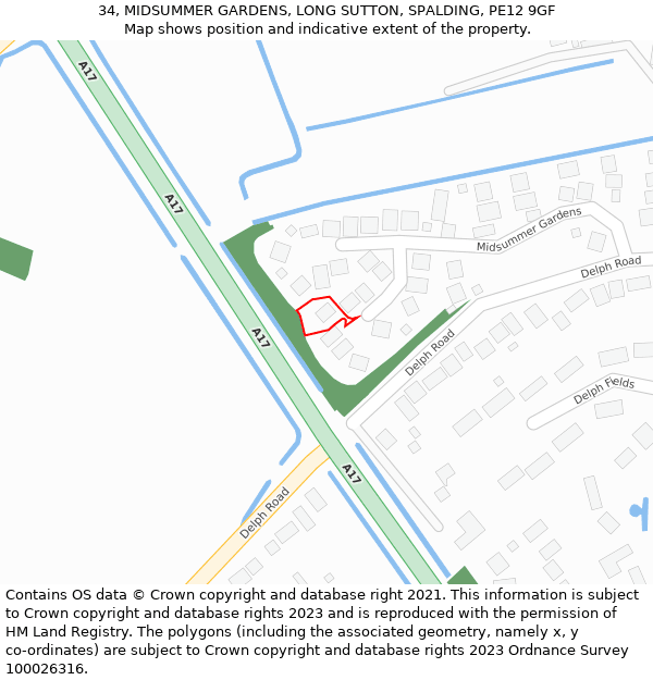 34, MIDSUMMER GARDENS, LONG SUTTON, SPALDING, PE12 9GF: Location map and indicative extent of plot