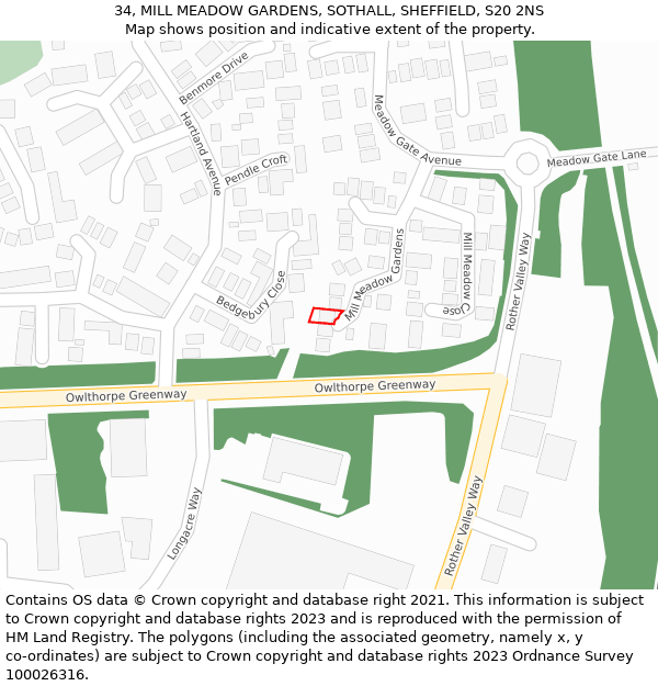 34, MILL MEADOW GARDENS, SOTHALL, SHEFFIELD, S20 2NS: Location map and indicative extent of plot